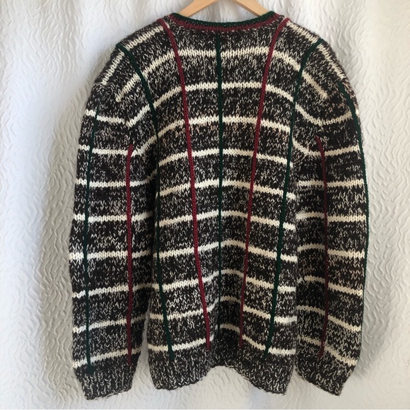 Handmade Handknit Longsleeve Neutral Tone Wool Sweater with Plaid Detailing - Picture 2 of 9